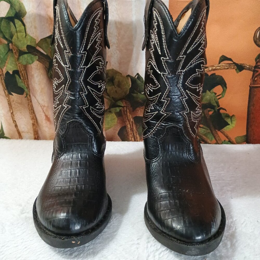 Kids Smart Fit Sz 10.5 Black Croc Embossed Cowboy Western Boots Slip-resistant